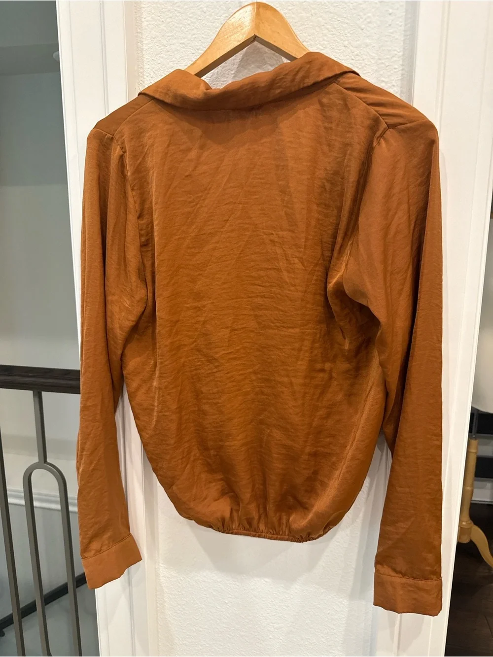 LUCCA Satin Wrap Blouse Cinnamon Brown Long Sleeve Top Medium - Picture 3 of 3
